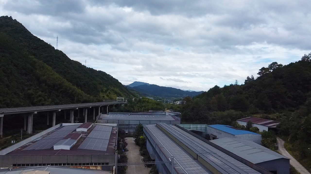 Aerial view of factory roofs